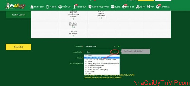 Danh mục chuyển quỹ nằm trên giao diện của nhà cái FB88